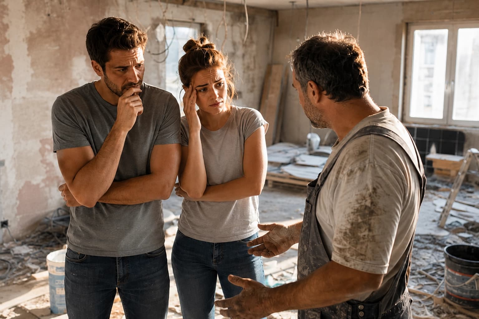 Couple tendu dans un chantier en désordre